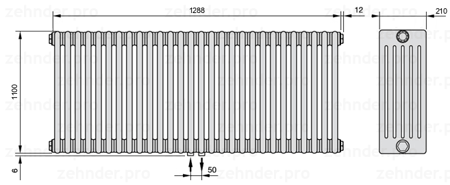 Схема (чертеж) Радиатор Zehnder Charleston 6110/28 №3470 Белый глянцевый RAL 9016